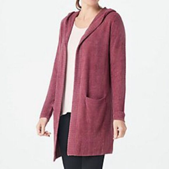 Barefoot Dreams CozyChic Lite Relaxed Hooded Long Cardigan Berry Rose Size Small - Picture 13 of 13